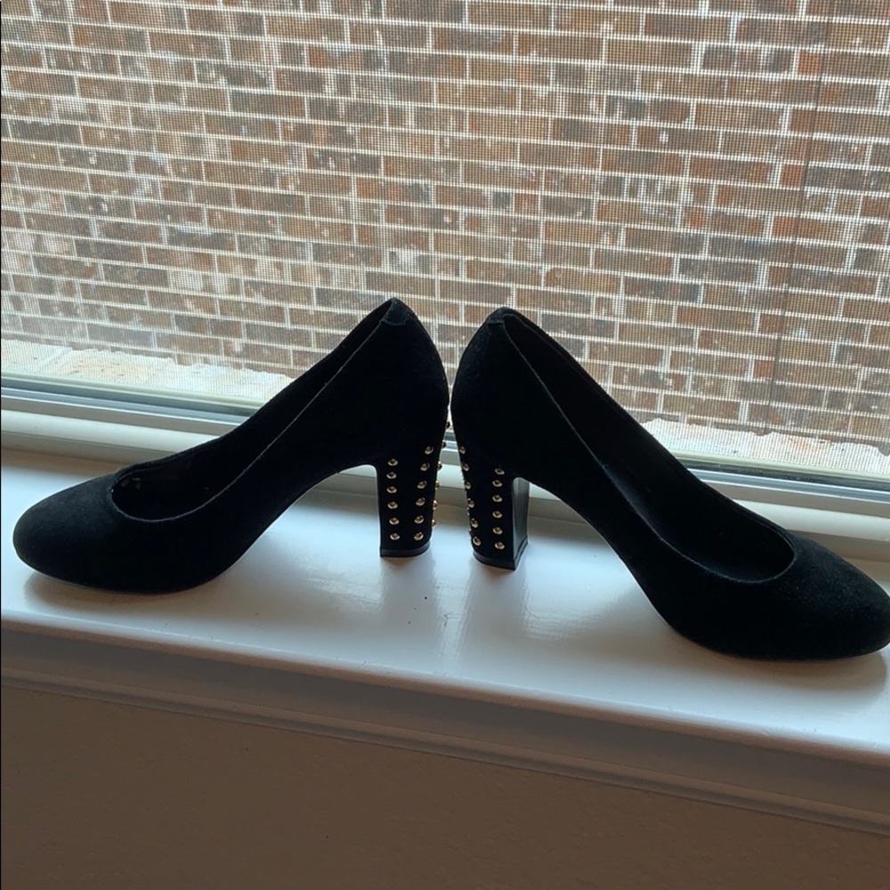 Black suede pumps with gold embellishment (size 8)